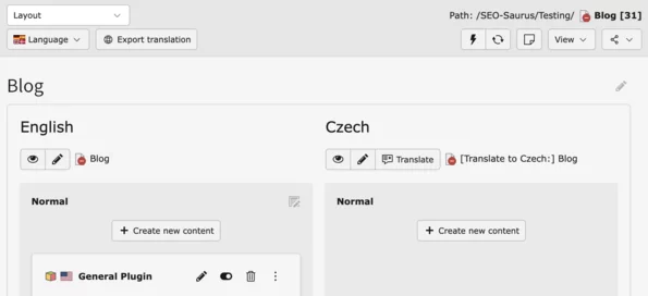 Translated page with available content elements translation