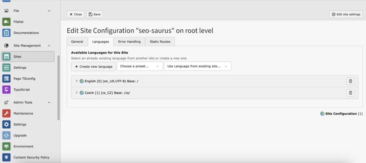 Site configuration - TYPO3 Backend module 